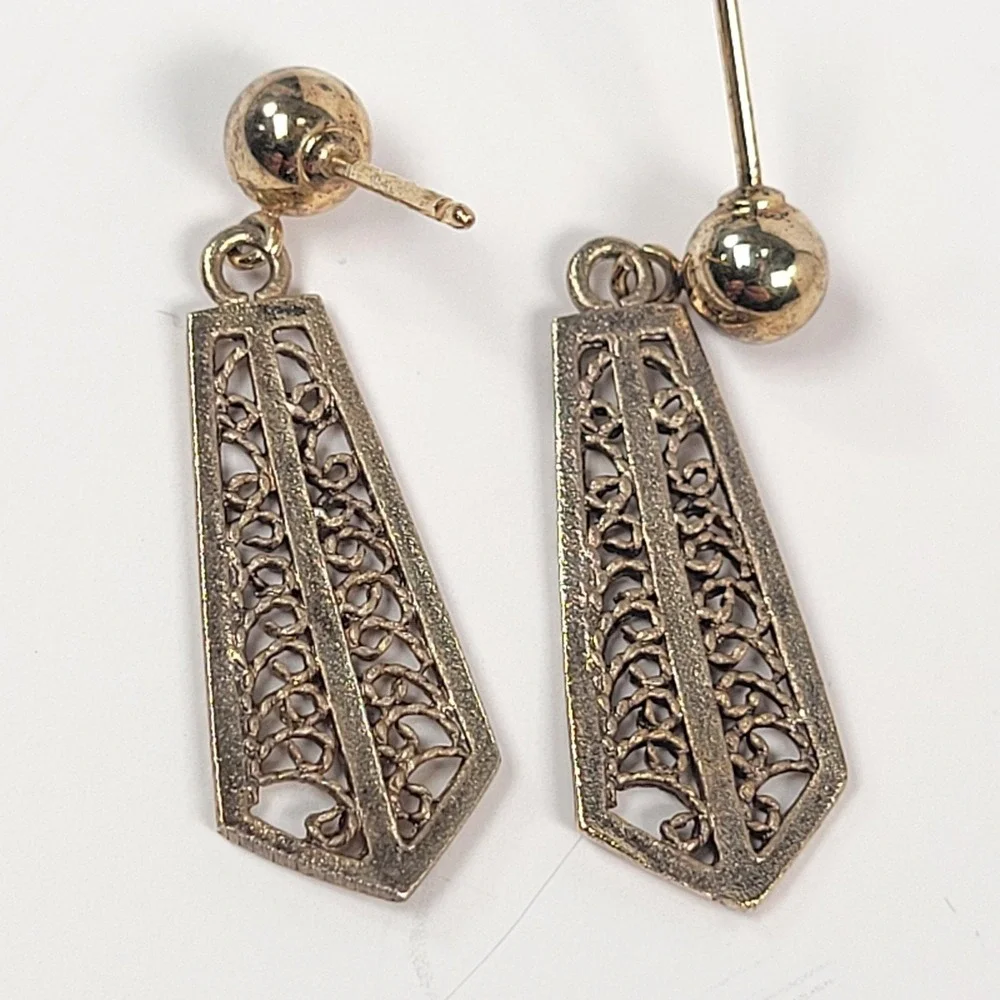 Gold Vermeil 925 Dangle Earrings Rectangular Filigree Drop Geometric Jewelry‎